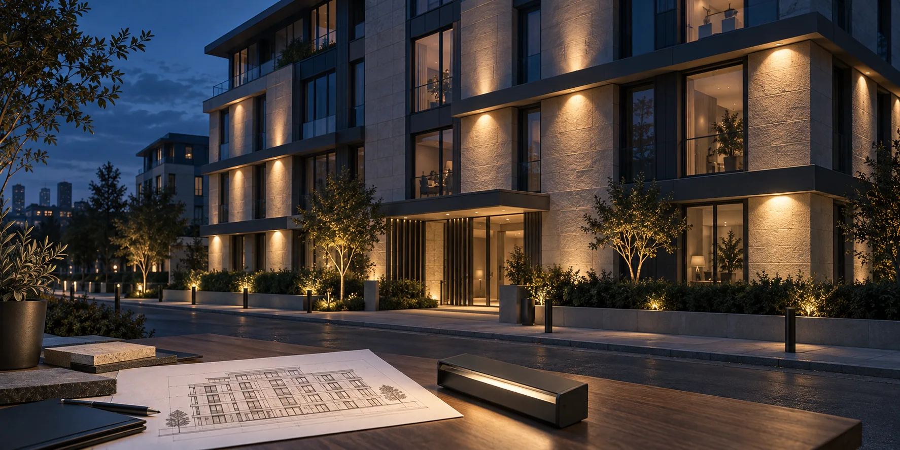 Dış cephe aydınlatmasında bakım erişimi ve gece kabulü Gece aydınlatılmış modern cephede armatürleri ve bakım erişimini gösteren kavramsal yapı illüstrasyonu