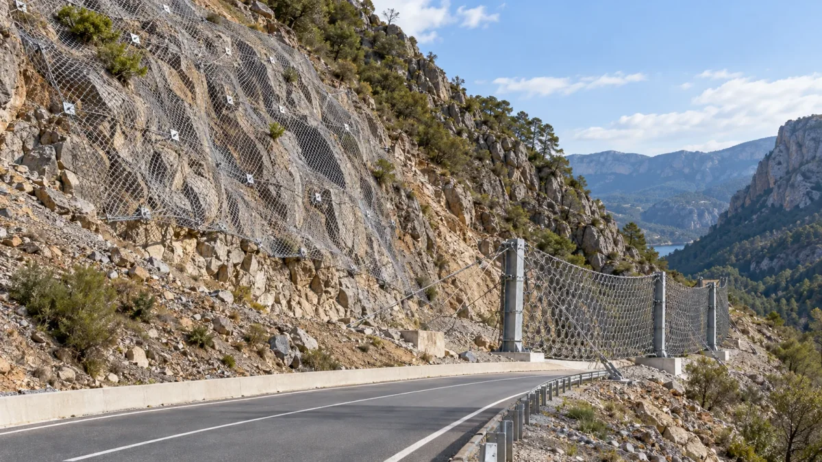 Yamaç stabilizasyonu: bariyer ve örtüleme Yamaç stabilizasyonu için eğimli şevde ankrajlı örtü ve kaya bariyeri